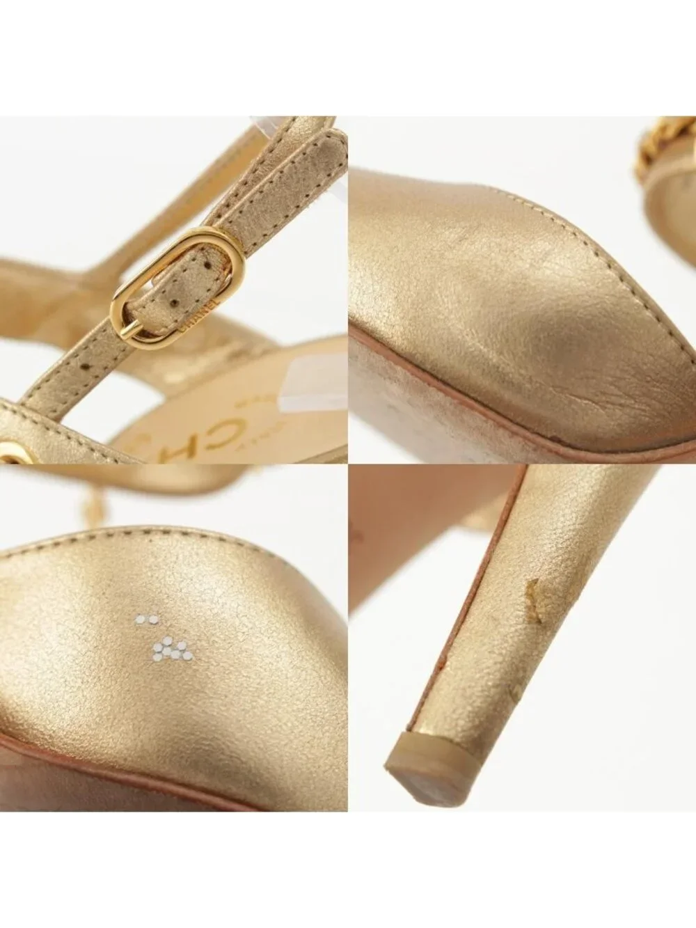 Chanel Leather CC Logo Chain Heels Clover Sandals Gold